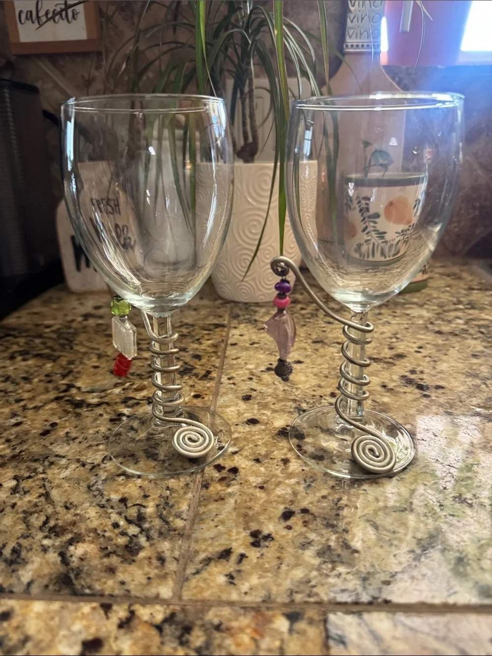 Clear Spiral-Stem Wine Glasses with Multicolor Bead Charms - Set of 2